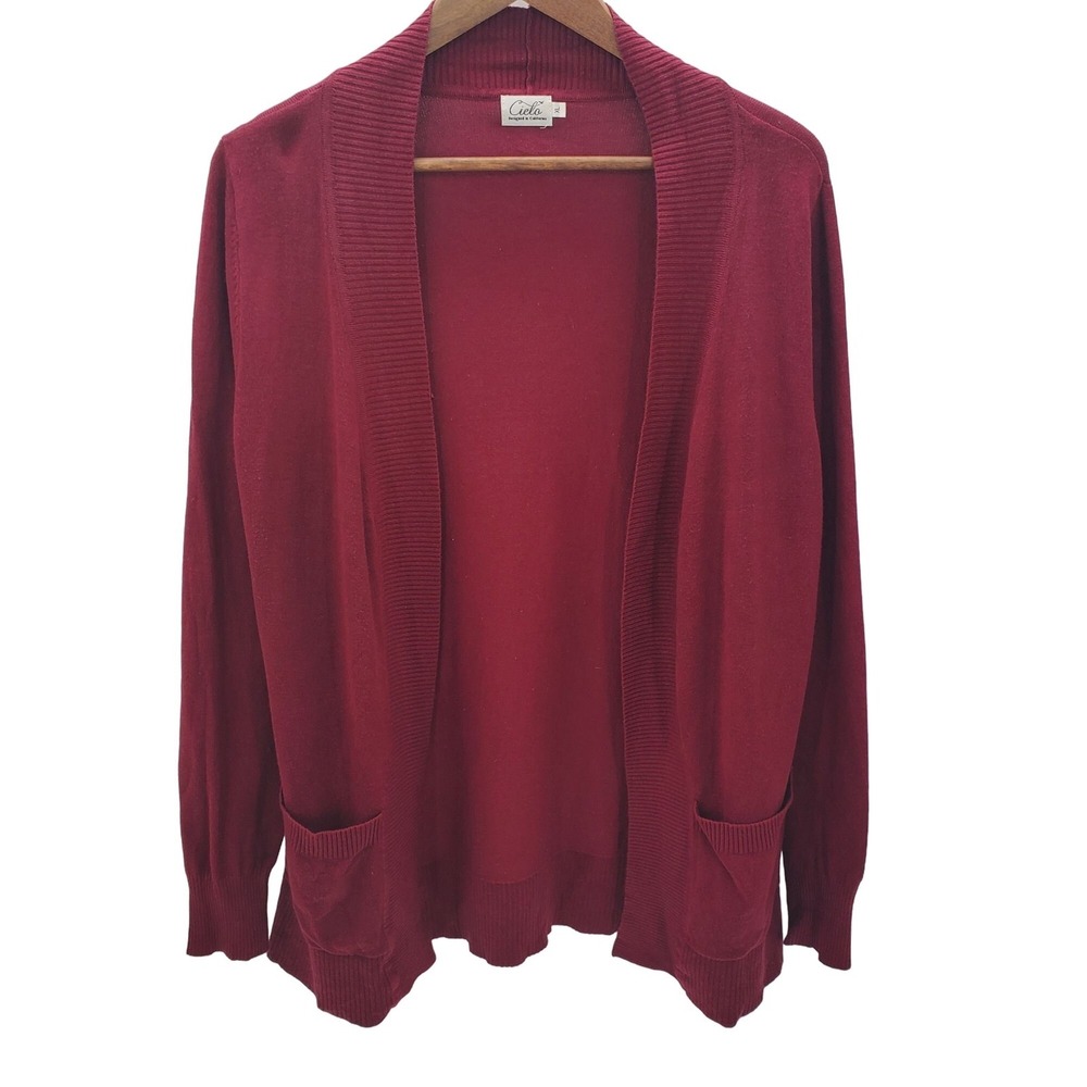 Cielo Womens XL Burgundy Open Front Knit Cardigan Long Sleeve Pocket Sweater